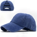 Donkerblauwe gewassen katoenen baseballpet met paardenstaart opening en vintage details - Verstelbaar / Blauw
