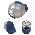 Close-up of ponytail baseball cap featuring messy bun hole and distressed denim fabric - Denim Dark Blue - Ponytail Hat