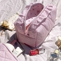 Pink checkered quilted makeup bag with ruffle edges and cherry print lining details - Plaid Ruffle Style