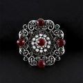 Vintage baroque style hollow round brooch in antique silver finish with large red gemstone - Antique Silver - Red Round Center Square