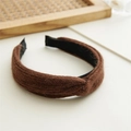 Close-up of brown knitted twist headband showing premium wool texture and inner lining - Twisted Dark Coffee