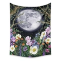 Bohemian moon phase and floral tapestry wall hanging with vibrant botanical illustration - Black Illustration Night Moon Floral (LT045-2)