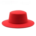 Detailed view of the flat top red wool felt hat with a wide brim and precise stitching - M (56-58cm) / Red