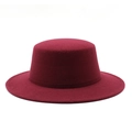 Detail of dark red wool felt flat top hat featuring a wide brim and precision stitching - M(56-58cm) / Burgundy