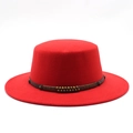 Classic red wool felt boater hat with leather strap and rustic metallic rivets - M (56-58cm) / Red