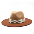 Detail of fedora hat with khaki crown, red brim, and wide pearl beaded decorative band - M (56-58cm) / Khaki & Brick Red Patchwork