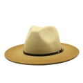Detail of two-tone wool fedora featuring beige crown, tan brim and black leather strap - M (56-58cm) / Ginger Patchwork
