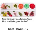 Macro view of 12-slot nail art box with real dried flowers including narcissus and fern leaves - Dried Flowers-15 (Narcissus/Snow Bamboo/Hibiscus/Hydrangea/Fern)