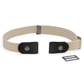 Detail view of beige buckle-free elastic belt with black leather tabs and silver hardware - Beige