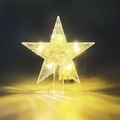 Close-up of a lit transparent plastic Christmas star topper with warm LED lights inside - 9x10cm Mini Striped Warm White (Button Battery)