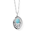 Vintage silver locket necklace with oval pendant featuring a sky blue stone and floral relief - Silver Turquoise