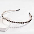 Close-up of elegant gold metal headband featuring sparkling black faceted crystal beads - Black