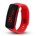 Detail of red silicone LED watch strap with black rectangular dial and red digital display - Red