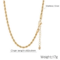 Collier chaîne torsadée en acier inoxydable doré avec fermoir ajustable et étiquette - 4mm Largeur 45+5cm Longueur Or (KN237058-K)