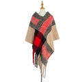 Women's knit poncho wrap with red and beige plaid pattern featuring thick tassels - Camel (QPJ5-06#)