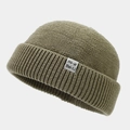 Detail shot of olive green knitted docker cap featuring woven labels and textured ribbing - M (56-58cm) / Army Green