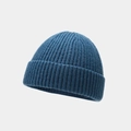 Close-up of dark blue ribbed knit beanie with high-quality folded cuff texture - One Size / Navy Blue