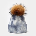 Detailed view of tie-dye blue and white knitted winter hat with a fluffy fur pom-pom - One Size / Blue White Alternating Tie Dye (6#色)