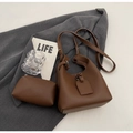 Vintage textured brown bucket bag set with litchi pattern and matching pouch - Brown