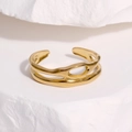 Minimalist double layer gold plated stainless steel hollow ring with wavy lines - Gold