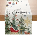 Christmas table runner with colorful holiday tree and bird print on wood surface - 33cmx180cm / Christmas Tree-Bird Illustration(ZQ31-3)