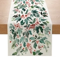 Polyester table runner with watercolor red berries and green leaves on wood surface - Watercolor Berry Leaves Style (ZQ030-2)