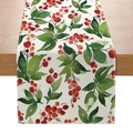 Polyester table runner with festive red berry and green leaf watercolor print - Watercolor Red Berries and Green Leaves Style (ZQ030-7)