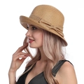 Detail showing khaki straw sun hat with woven texture and elegant bow ribbon accent - M / Khaki