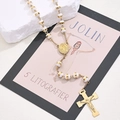 Elegant stainless steel rosary necklace featuring white beads and a golden crucifix cross - Large Virgin Oval Jesus Cross White Silicone Beads Necklace (gold)|1 Strand/package / Length:550mm