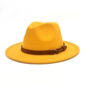 Classic yellow wool fedora hat with brown faux suede band and gold metal ring detail - M (56-58cm) / Yellow