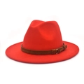 Detail of red wool felt fedora hat featuring a brown decorative belt with golden buckle - M (56-58cm) / Orange Red