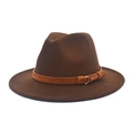 Detail of dark brown fedora hat featuring a light brown leather band and gold metal buckle - M (56-58cm) / Coffee