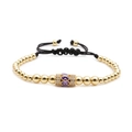 Verstellbares Armband mit goldenen Perlen, lila Zirkonia und schwarzer Kordel - Gold