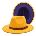 Detail of wool fedora hat in vibrant yellow with contrasting purple underbrim and leather band - M (56-58cm) / Yellow