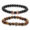 Pulseras de cuentas de ojo de tigre y piedra negra mate con corona rosa dorado y bola de pavé - Piedra Mate Negra + Corona de Oro Rosa + Ojo de Tigre (Set 3)