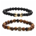 Set de pulseras de piedra negra mate y ojo de tigre con corona dorada y dije de circón - Piedra Mate Negra + Corona Dorada + Ojo de Tigre (Set 1)