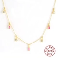 S925 sterling silver necklace with pink rectangular crystal and gold plated fine chain - Gold - Red Zircon