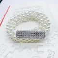 Cintura a tre strati di perle per abiti con fibbia rettangolare in strass argento - Strass Quadrato Argento