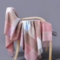 Detail of cashmere blend plaid scarf with tassels draped over a wooden chair - Over 175cm / Pink Beige White And Light Blue Plaid (07)