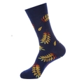 Navy blue mid-calf cotton socks featuring colorful autumn leaf embroidery and patterns - 1053 Blue Leaf