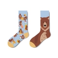 Cotton mid-tube socks featuring blue illustrated bear and brown bear face pattern - Light Blue Bear Style (1128)