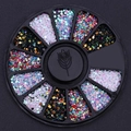 Detail view of 12-slot carousel box with assorted nail art rhinestones and colorful sequins - Colorful PVC Round Mixed Disc