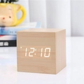 Reloj despertador LED de madera en forma de cubo con control de voz y textura de madera natural - Madera de Bambú Luz Blanca