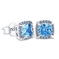 Icy blue square zircon hip hop stud earrings for men with micro-pave silver setting - Silver with Blue Main Stone