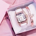 Women's rose gold square quartz watch with white leather strap and star bracelet set - White Zirconia Set