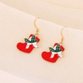 Close-up of red enamel Christmas stocking earrings with white trim and gold hooks - Red Christmas Stocking Boot