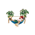Christmas Santa Claus on hammock brooch with green palm trees and blue enamel finish - Santa Claus Hammock Vacation Style (RW0128)