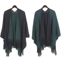 Poncho in maglia reversibile blu navy e ciano con lunghe frange per l'autunno - 110*140+20CM / 5# Blu Marino + Ciano