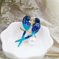 Elegant pair of blue enamel parrots brooch with white pearl and gold-plated finish - DY01-Lovebirds