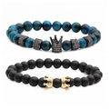 Set van kralenarmbanden met tijgeroog en matzwarte steen voorzien van kroonbedels - Blauwe Tijgeroog Mat Zwart Met Zwarte Kroon Set (Set 1)